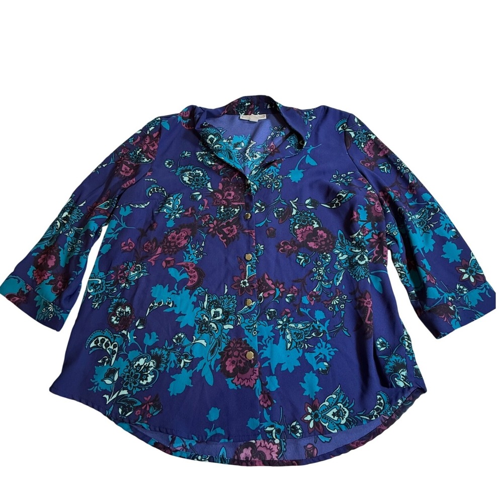 Dana Buchman Womens Floral Button Down Blouse Purple Teal 3/4 Sleeve Large